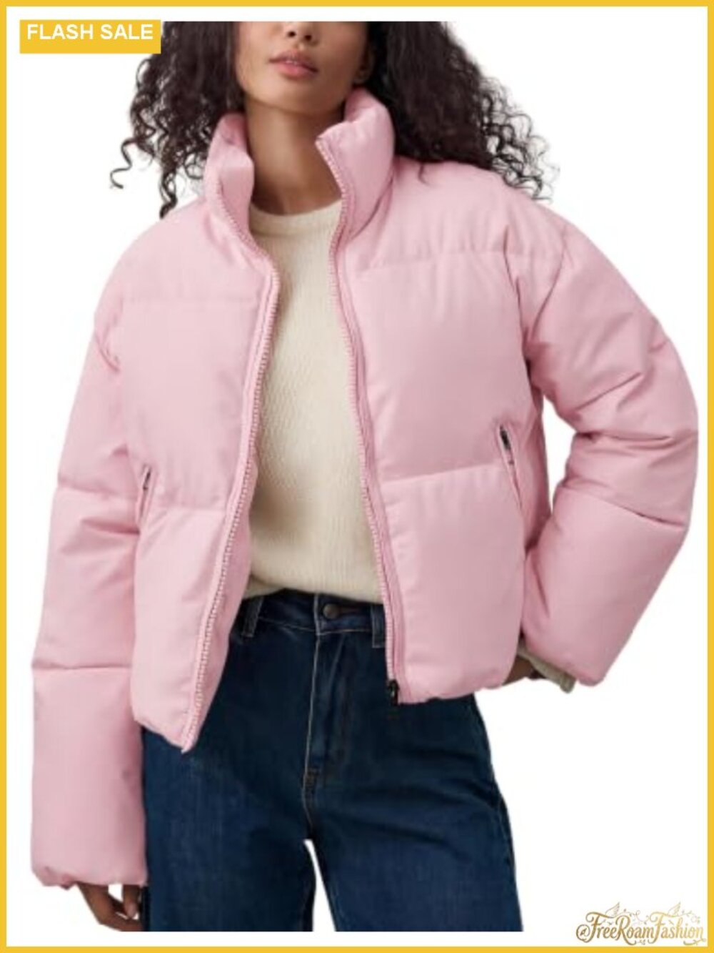 Womens Quilted Puffer Jacket Cropped Full Zip Winter Coat
